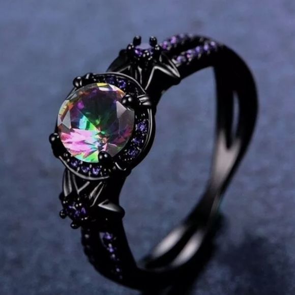 Women's Mystic Rainbow Fire Topaz / Black Gold Band Jewelry - Picture 2 of 6